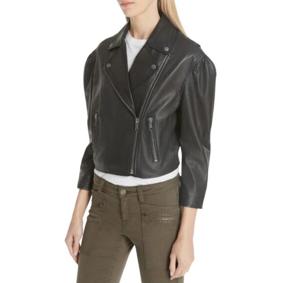 NWT Joie Black Leather Moto Jacket Lambskin Cropped Puff 3/4 Sleeve Biker Jacket - Picture 4 of 16